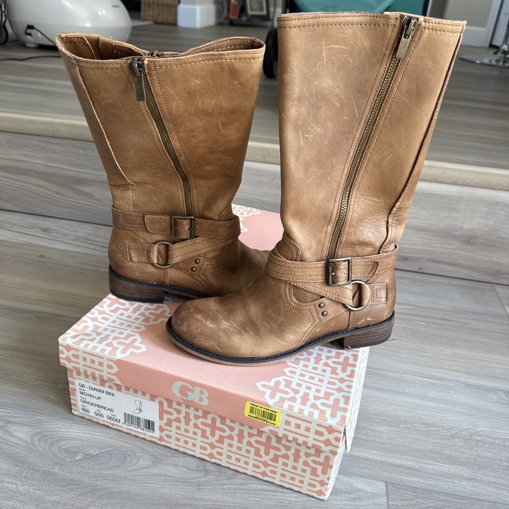 Gianni Bini Brown Gingerbread Movin-Up Leather Riding Boots Size 6.5 M Womens